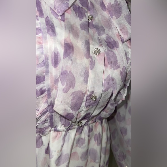 NWT Bow Tie Neck Floral Print Button Front Ruffle Hem A-line Dress Lilac Size S - Picture 15 of 16